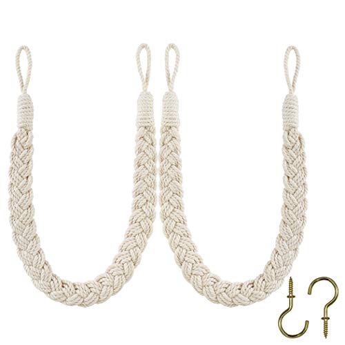 Home Queen Hand Braided Curtain Tie Back, Buckle Holdback Drapery Curtain Tiebacks, 2 Rope Cotton Belt Curtain Tie with 2 Metal Hooks, Off White - color: Off White, size: 2PC