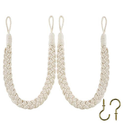Home Queen Hand Braided Curtain Tie Back, Buckle Holdback Drapery Curtain Tiebacks, 2 Rope Cotton Belt Curtain Tie with 2 Metal Hooks, Off White - color: Off White, size: 2PC