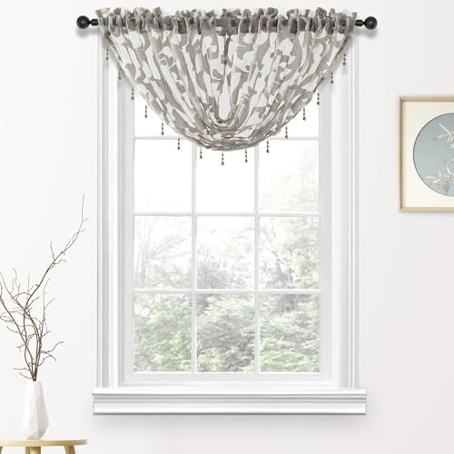 NAPEARL Swag Valance for Windows Light Gray Floral Scroll Sheer Waterfall Curtain, Elegant Beaded Tassel Trim Rod Pocket Sheer Window Treatment for Bathroom, Kitchen, Bedroom, Living Room - color: Grey, size: 40"W x 17"L (Pack of 1)