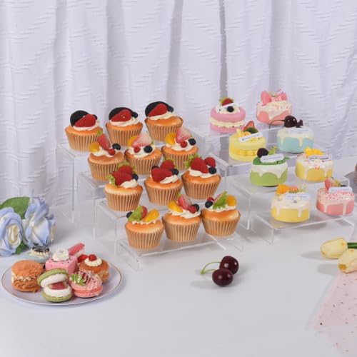 Acrylic Display Risers 8 Pcs 2 Set (7”L~8”L~9”L), Clear Rectangular Display Shelf for Dessert Table & Cupcake, Figures, Perfume, Collectibles, Shoe and More