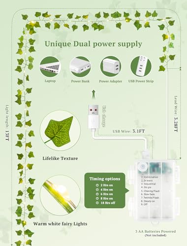 Ivy Vine Lights for Bedroom,13FT 40 LED Leaf Garland with Remote - color: Ivy, size: 40 LED-Battery & USB