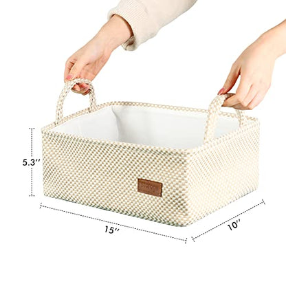 Medium Beige Basket,Cute Decorative Basket Burlap Storage Organizer Bin for Gifts Empty with Handles for Shelves,Closets, Laundry, Nursery,Toys,Books15*10"* 5.3"