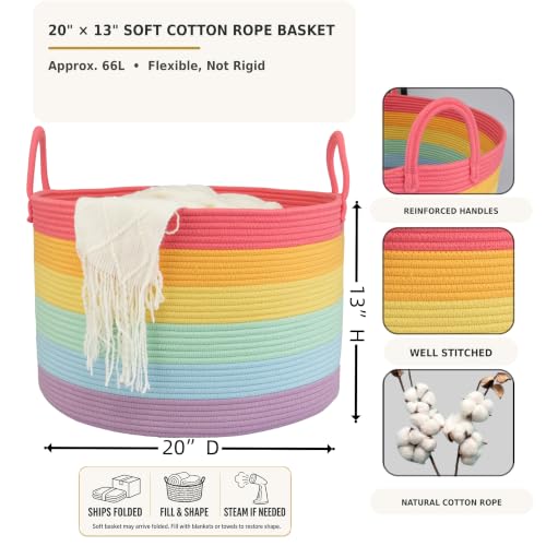 XUANGUO 66L Large Blanket Basket, Round Cotton Rope Basket, Rainbow - color: rainbow