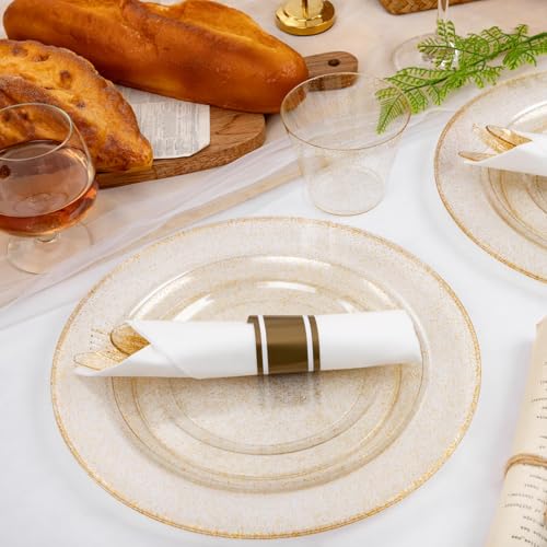 WELLIFE 210Pcs Gold Glitter Dinnerware Set, Gold Glitter Disposable Dinnerware for 30 Guests, Include: 30Dinner Plates, 30Dessert Plates, 90Gold Glitter Silverware, 30 Cups, 30 Paper Napkins - color: Gold Glitter, style: 210PCS（30 Guests）
