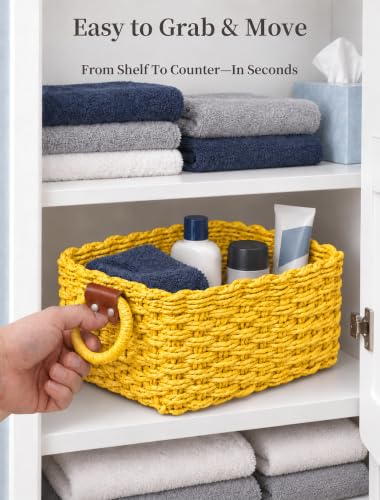 Small Wicker Baskets, 3 PCS Paper Rope Baskets for Shelves, Yellow - color: Yellow