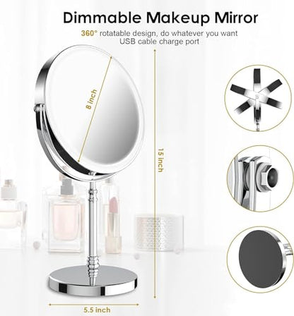 DEIOVWXS Makeup Mirror, Rechargeable Vanity Mirror with 3 Lights, 1X/10X - color: Chrome