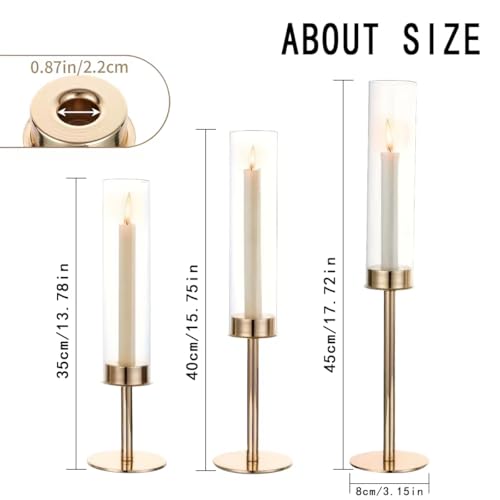 Gold Hurricane Candle Holders Set of 3, Tall Metal Windproof Glass Taper Candle Holder for Candelabra Centerpieces for Dining Table, Wedding, Party & Fireplace Mantel Decor