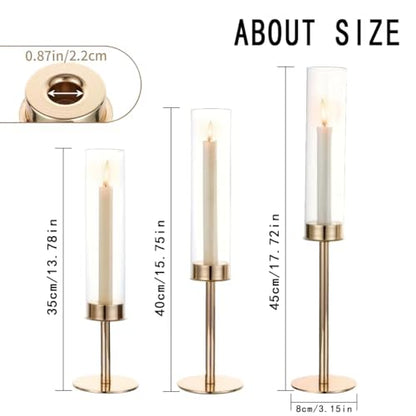 Gold Hurricane Candle Holders Set of 3, Tall Metal Windproof Glass Taper Candle Holder for Candelabra Centerpieces for Dining Table, Wedding, Party & Fireplace Mantel Decor