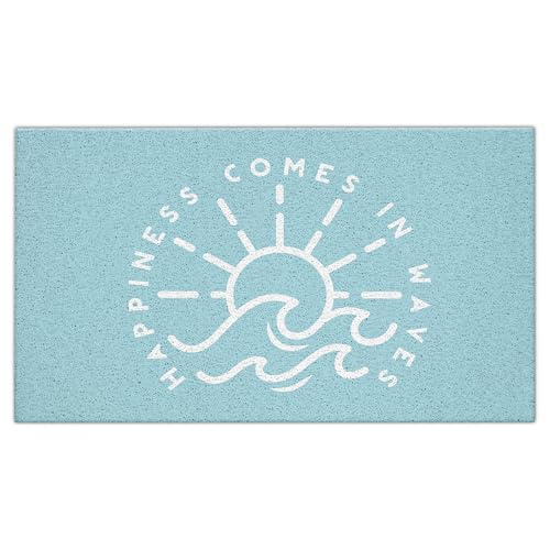 Jvpke Blue Beach Door Mat, Happiness Comes in Waves Blue Beachy Door Mat Indoor Outdoor Entrance Porch, Ocean Coastal Nautical Bath Mats for Bathroom, Beachy Welcome Mats, 17x30 Inches - color: Blue Beach