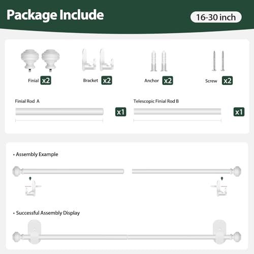 KAMANINA Curtain Rods No Drilling for Windows 16 to 30 Inches, White - color: White, size: 16-30"