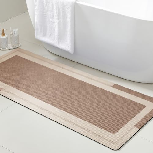ACCUMTEK Non Slip Bath Mat, Thin Bathroom Rugs Fit Under Door, Quick Dry Bath Mats, Machine Washable Bath Rugs for Bathroom, Bathtub & Kitchen, Bathtub, Light Brown/Bordered/59 x20 - color: Light Brown, size: 1'8" x 4'11" (Rectangular)