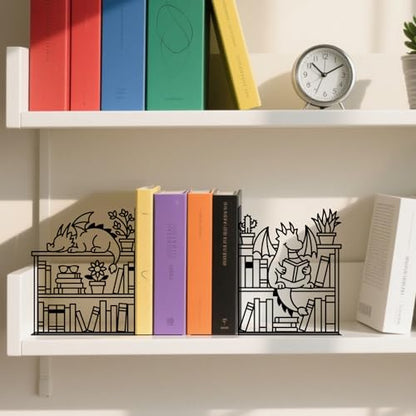Metal Bookends Dragon Book Ends for Shelves - color: Black - 1 Pair Dragon & Bookshelf