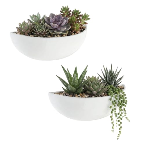 MyGift White Ceramic Wall Planters Half Bowl Hanging Vase Set of 2 - color: White