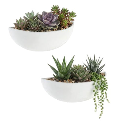 MyGift White Ceramic Wall Planters Half Bowl Hanging Vase Set of 2 - color: White