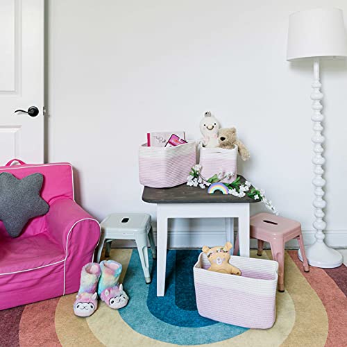 OrganiHaus Cotton Rope Baskets for Shelves, Set of 3, 15x9x10 - color: Pink / Off-White