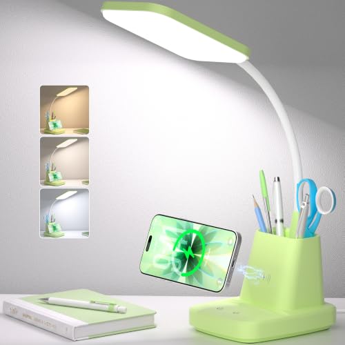 LED Desk Lamp with 10W Wireless Charging & Pen Holder, Light Green - color: Green