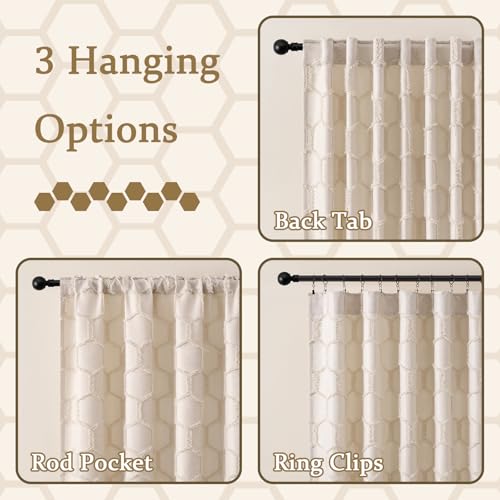 Cream Beige Geometry Curtains 96 Inches Long 2 Panels Neutral Fluffy Curtains Moroccan Trellis Rod Pocket Back Tab Light Filtering Semi Sheer Hexagon Tufted Decor Drapes for Living Room, 52x96 - color: Cream Beige, size: 52"W x 96"L (Pack of 2)