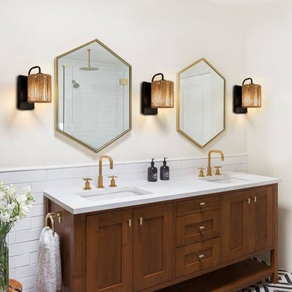 Boho Wall Sconce Rattan Wall Light Fixtures Hemp Rope Sconces - color: Woven Rattan Style