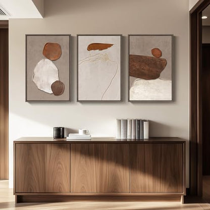 Large Framed Neutral Abstract Wall Art, Set of 3, Beige Brown, 24x36 In - color: Earthy, size: 24" W x 36" H x 3pcs