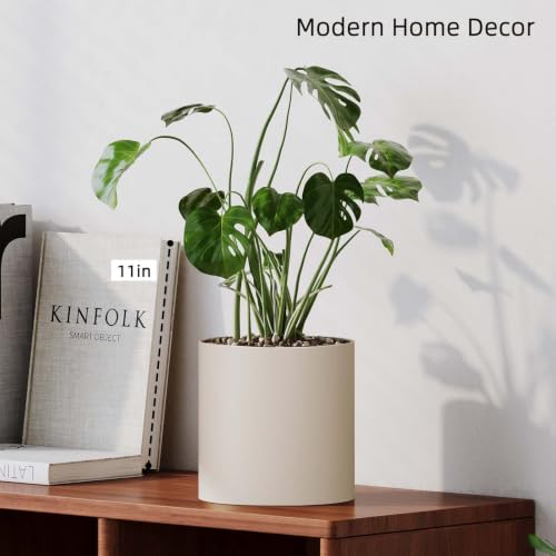7 Inch Beige Metal Plant Pot with Drainage Hole, Indoor Outdoor - color: Beige