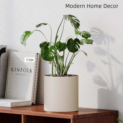 7 Inch Beige Metal Plant Pot with Drainage Hole, Indoor Outdoor - color: Beige