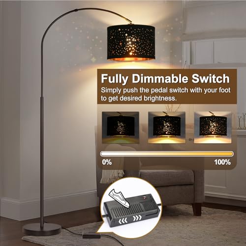 Dimmable Floor Lamp, Arc Floor Lamp with Adjustable Star Shade, Black - color: Black Base with Stars Shade