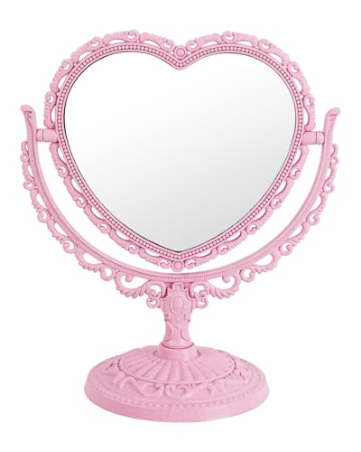 XPXKJ 7 Inch Vintage Heart Mirror - Elegant Desk Makeup Mirror with Double Sided 360 Degree Rotation Vanity Mirror for Coquette Room Decor - color: Pink