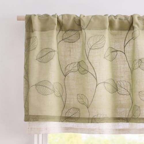 jinchan Linen Valance Curtain Green Sheer Leaf Embroidered 18 Inch 1 Panel - color: Leaf Sage Green