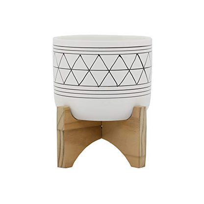 Flora Bunda 5" White Black Ceramic Geometric W/Wood Stand Planter Mid Century - color: White/Black Line 5"