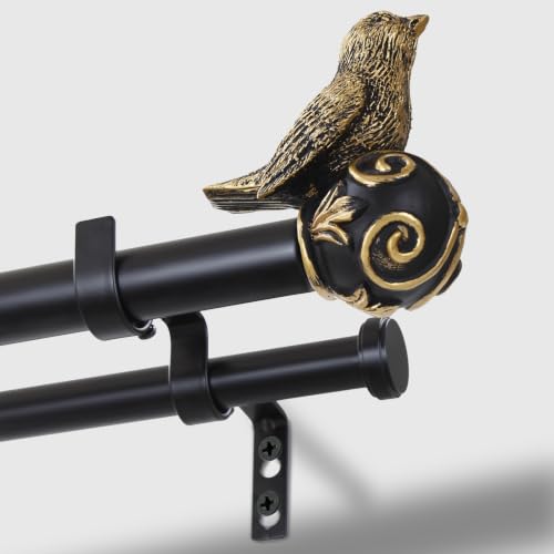 Double Curtain Rods for Windows 48-84 Inch, Gold Bird Finials - size: 48-84
