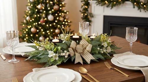 Svndlyn 26 Inch 3 Candle Holder Centerpiece with Greenery and Striped Bow