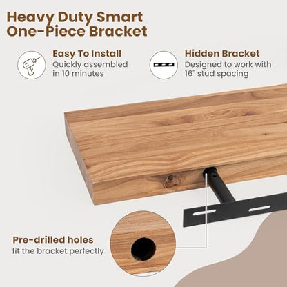 Floating Shelves for Wall, 8" Deep Elm Wood Shelves, 30in Set of 2, Natural - color: Natural, size: Flat Edge, 30inch, 2Packs