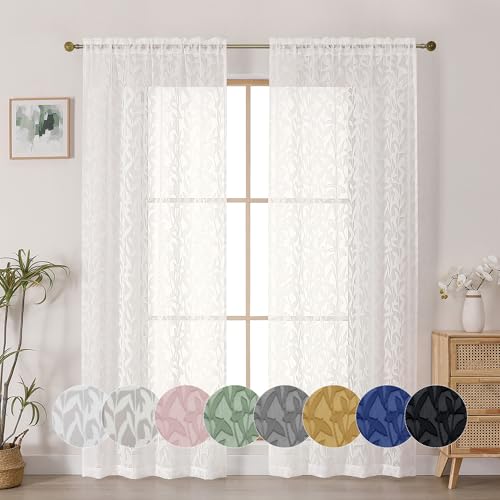 OWENIE Leyna Ivory Sheer Curtains 72 Inches Long for Bedroom 2 Panels Set, Light Filtering Clip Jacquard Textured Living Room Curtains, Rod Pocket Leaves Door Drapes, Each 40Wx72L Inch - color: Ivory, size: 40"W x 72"L (Pack of 2)