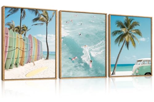 KAIRNE Blue Ocean Surfboard Seascape Framed Canvas Wall Art Set-12"x16"x3 - color: Summer Surfing Wall Art, size: 12"L x 16"W