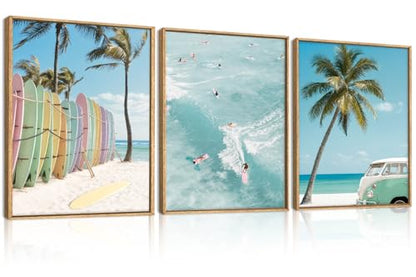 KAIRNE Blue Ocean Surfboard Seascape Framed Canvas Wall Art Set-12"x16"x3 - color: Summer Surfing Wall Art, size: 12"L x 16"W