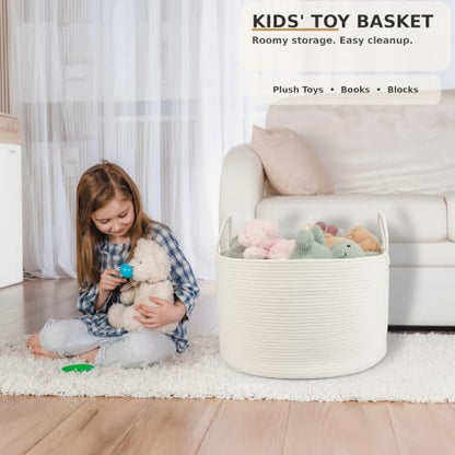 XUANGUO 66L Large Blanket Basket, Round Cotton Rope Basket, White - color: white