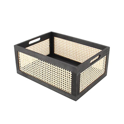 Black Wooden Rattan Storage Basket with Handle,14.96"x11.02"x6.30" - color: Black, size: Large (Set of 1)