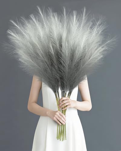 8 Pcs 35.4" Grey Gradient Faux Pampas Grass, Tall Pampas Grass Vase Filler - color: Grey, size: 35.4inch-8Pcs