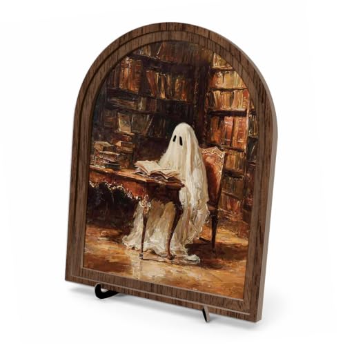 Halloween Reading Ghost Arched Wood Frame Decor, Library Vintage Wall Art - color: Color 24