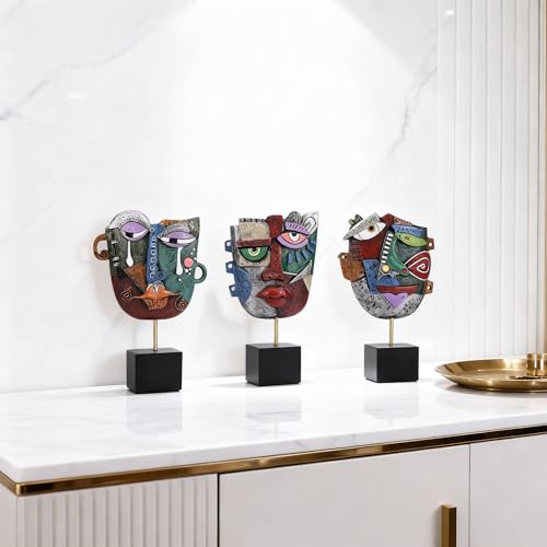 3PC Abstract Face Sculptures, Afrocentric Pop Art Decor, Modern Resin Statue Handcrafted Table Sculpture, Bookshelf Decor, TV Stand Ornaments, Artsy Coffee Table, Living Room Accent, Cabinet
