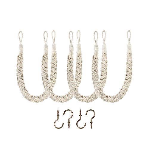 Home Queen Hand Braided Curtain Tiebacks, Buckle Holdback Drapery Curtain Tie Back, 4 Rope Cotton Belt Curtain Tie with 4 Metal Hooks, Off White - color: Off White, size: 4PC