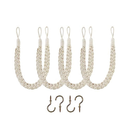 Home Queen Hand Braided Curtain Tiebacks, Buckle Holdback Drapery Curtain Tie Back, 4 Rope Cotton Belt Curtain Tie with 4 Metal Hooks, Off White - color: Off White, size: 4PC