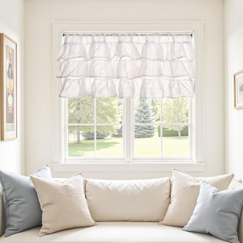 jinchan Mini Pom-Pom Ruffled Valance for Windows 18 Inch 1 Panel White - color: Dottie Linen Whisper