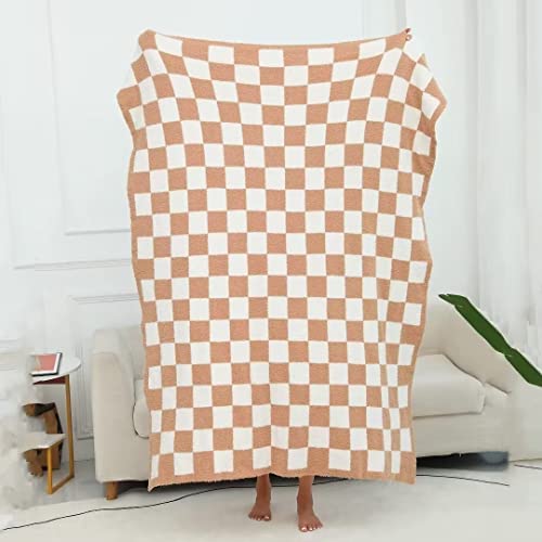 Ultra Soft Checkered Blanket Cozy Buffalo Check Throw Fluffy Knitted Reversible Throw Blanket Lightweight Fleece Checkerboard Grid Blanket for Sofa Couch Bed Travel, Orange Khaki, 51''x63'' - color: Orange Khaki