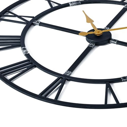 32 Inch Large Silent Wall Clock, Easy Assembly Roman Numeral Black - color: Black Metal Wall Clock, size: 32inch