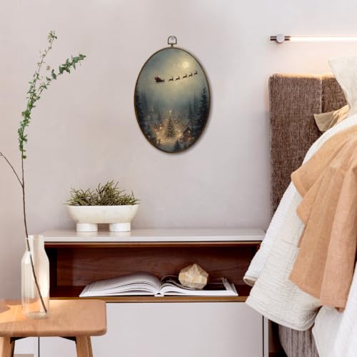 JQF Winter Christmas Tree Santa Reindeer Oval Wall Decor Framed 8.5x11.5 - color: christmas night-1