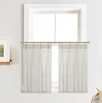 Lino Rosa Taupe Striped Kitchen Pinch Pleat Small Curtains with Hooks 20 Inch Length for Bathroom Windows - color: Taupe, size: 24"W x 20"L (Pack of 2)