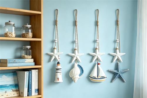 4Pcs Wooden Seashells/Star/Ships/Lighthouse Wall Hanging Decor, Farmhouse Rustic Coastal Themed Decorations for Home, Beach Wall Sign Nautical Decor for Bedroom, Living Room