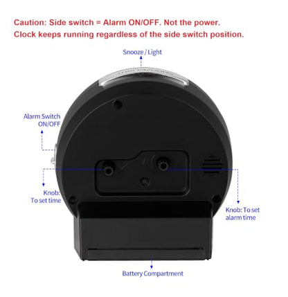 Tinload 4.3" No Ticking Analog Alarm Clock,Silent Readable for Seniors,Easy to Set,Gradual Rise Alarm,Big Numbers,On/Off Switch on Side,Gentle Wake,Snooze,Lighted on Demand,Battery Operated,Black - color: Black