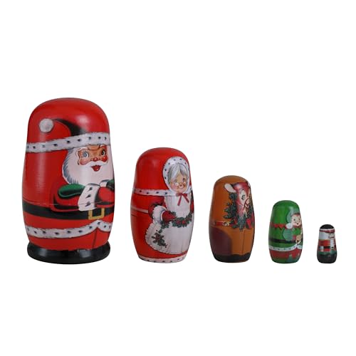 Mr. Christmas Set of 5 Nesting Wooden Christmas Figurines with Santa, Mrs. Claus, Reindeer, Elf, and Nutcracker, Hand Painted Holiday Decoration